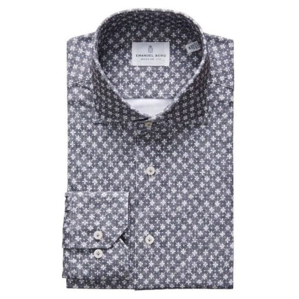 Emanuel Berg Modern 4 Flex Stretch Size XXL 18" Sport Shirt Grey Floral Pattern